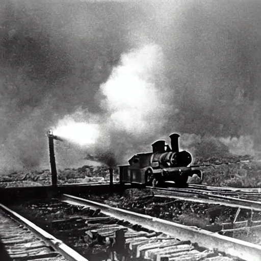 Image similar to WW2 era photograph of a rail artillery with a huge cannon pointed skyward and with Thomas the Tank Engine's face