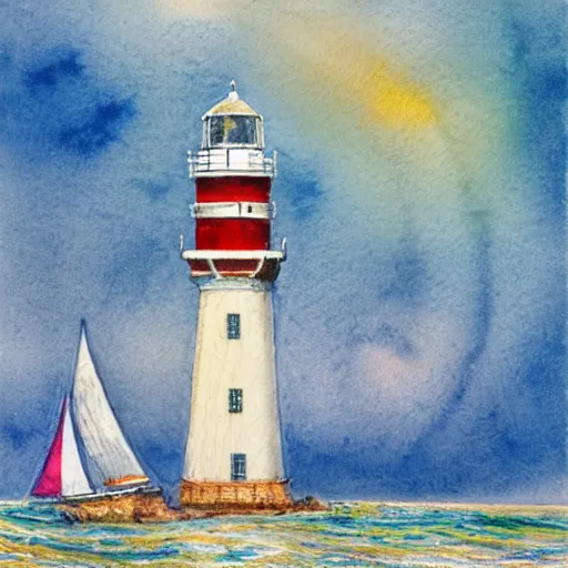 Image similar to Complex hyperdetailed serene masterpiece sketch of a captivating lighthouse, single sailboat catching the wind, by Orris Moe, complex detailed watercolor painting, pastel color scheme.