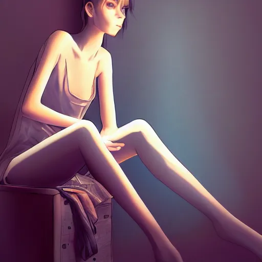 Prompt: a pretty young skinny woman who is very depressed and feeling hopeless sitting in the corner of her room waiting for The End. fractal lighting. machine shadowing. an amazing illustration by the greatest living illustrators of Japan. ultra detail. ultra shadowing. ultra graphics. ray tracing graphics. supreme colors. ultra image. perfect lighting. perfect pose. uplifting image. hopeful image.