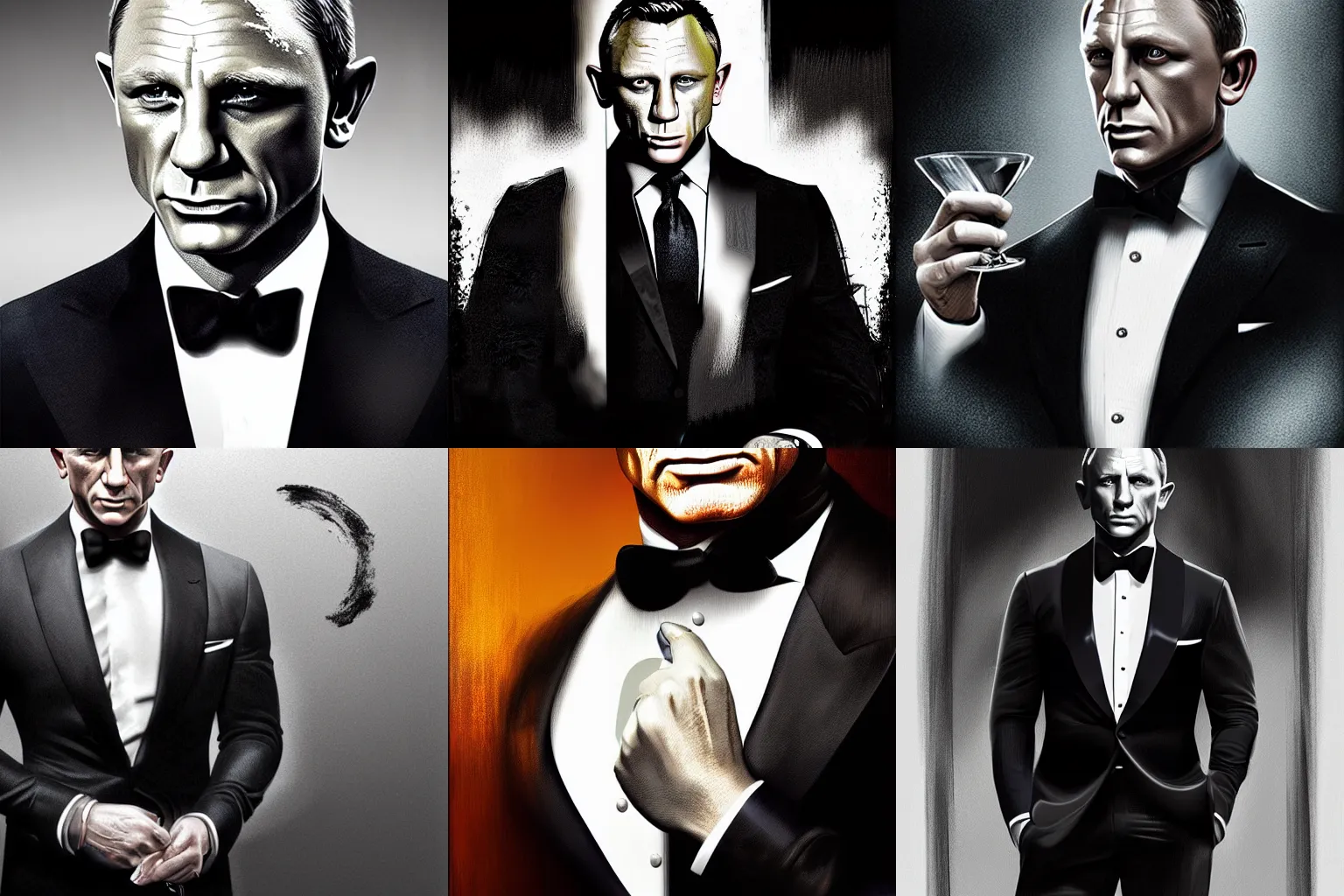 Prompt: portrait of Daniel Craig as James Bond (tuxedo), martini, digital painting, extremely detailed, 4k, intricate, brush strokes, Mark Arian, Artgerm, Bastien Lecouffe-Deharme