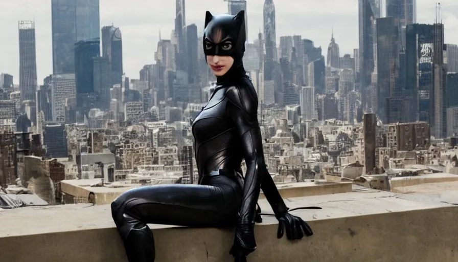 Image similar to gal gadot as catwoman sitting on a rooftom, still from the movie, barefooted