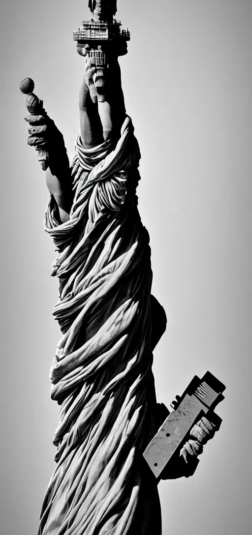Prompt: the statue of liberty overtaken by black tendrils and mechanical parts, body horror, horror, scary, dark, creepy, black and white, scary,