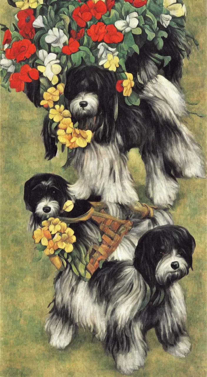 Image similar to one havanese dog, carrying flowers, mexico, painting # by diego rivera 1 9 3 5