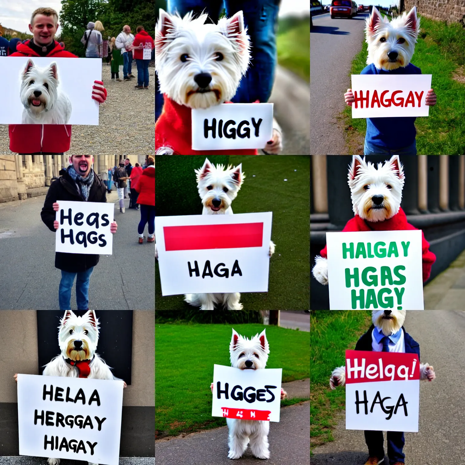 Prompt: a westie holding a sign that says me hungary!