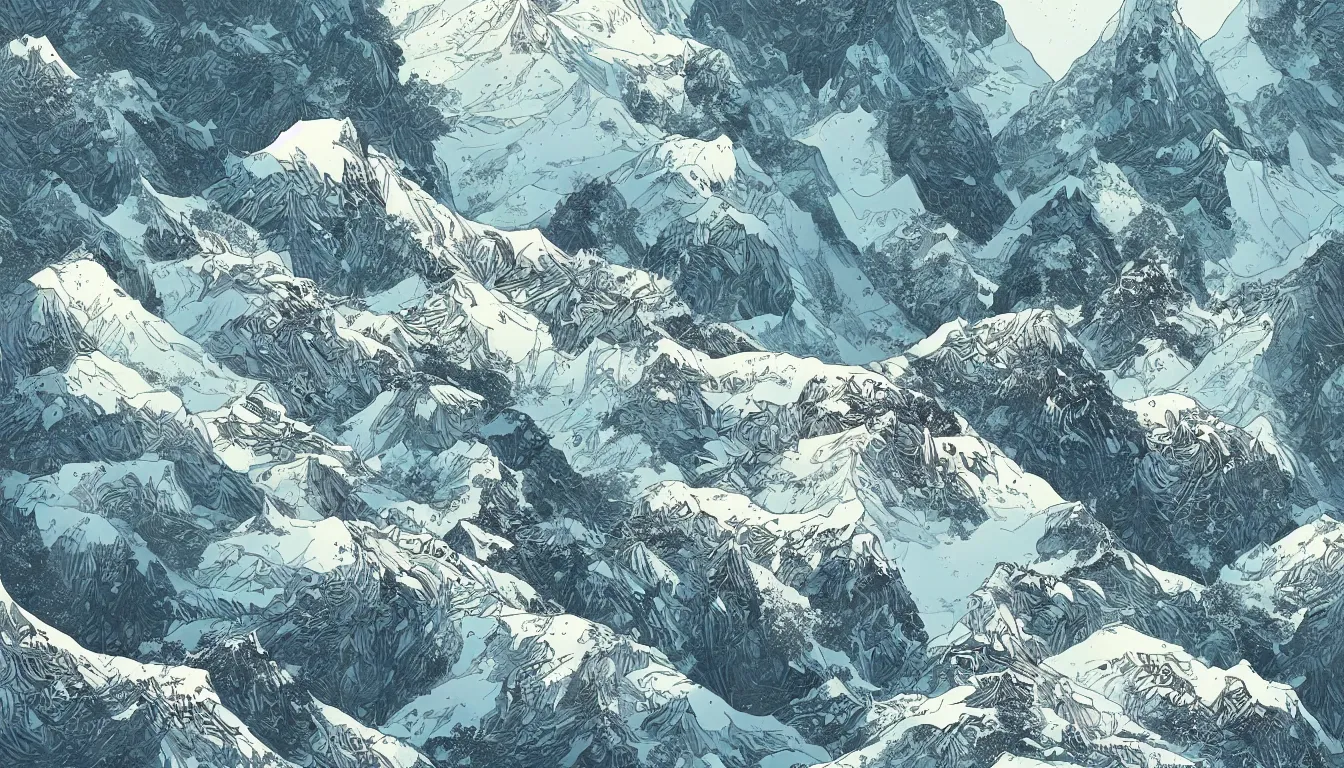 Prompt: himalayas, chinese ink brush, yukio - e, kilian eng, victo ngai, josan gonzalez