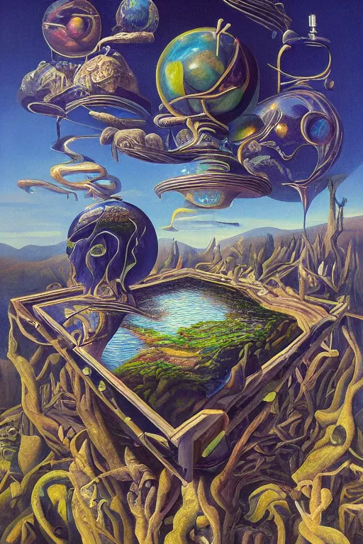 Image similar to surrealist painting full of subtle hints, mystic characters and misleading perspectives, ultrastation hq, 8 l, hyperrealistic, very highly detailed