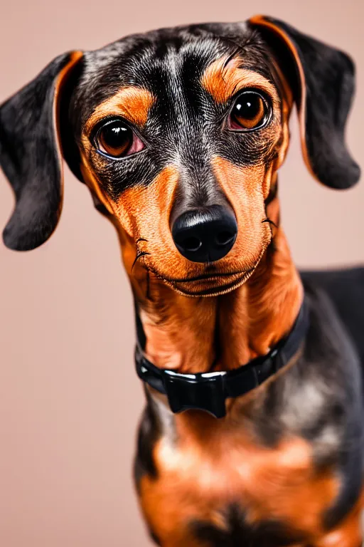 Image similar to Photo of a dachshund with Ron Swanson moustache, portrait, 3/4 view, Refined, Detailed professional photo, 50mm lens, Canon eos, blurry distant background, Highly Detailed, Cinematic Lighting, 8k