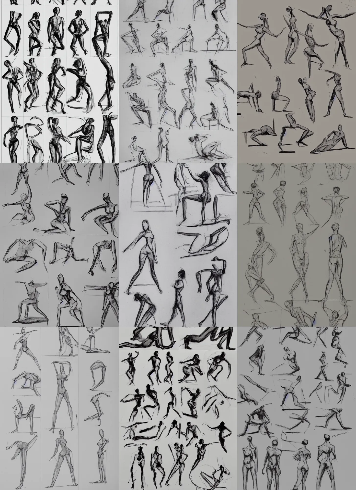 Prompt: full page of pose explorations, line of action, still life, pose model