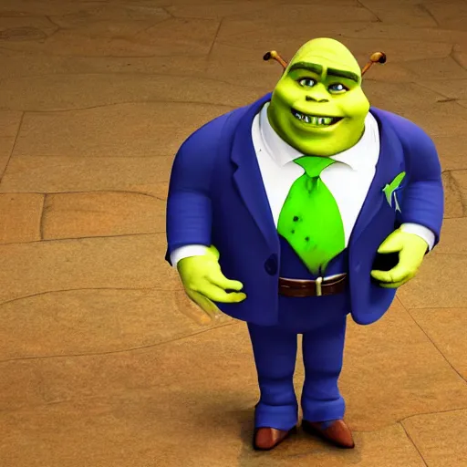 Image similar to photorealistic shrek uncomfortable at a job interview, wearing a business suit. octane render. high resolution.