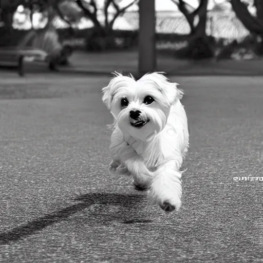 Prompt: a photograph of ellie the maltese playing at the park, hyperrealism, photo realistic, canon pro