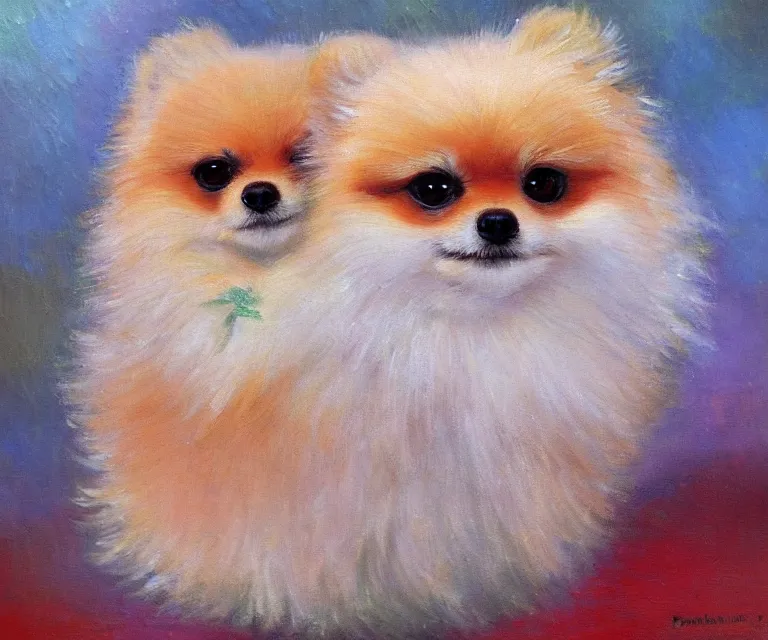 Image similar to pomeranian, cute, monet, oil painting, trending on artstation