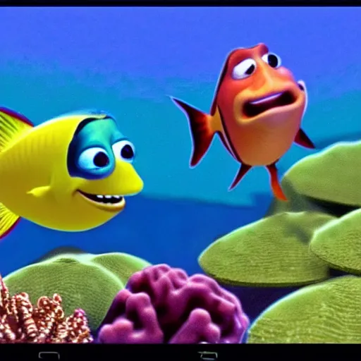 Image similar to a screenshot of a pixar film of two fish underwater watching a ship