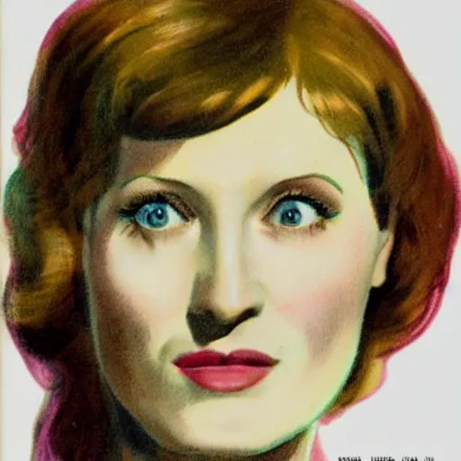 Image similar to “Florence Welch portrait, color vintage magazine illustration 1950”