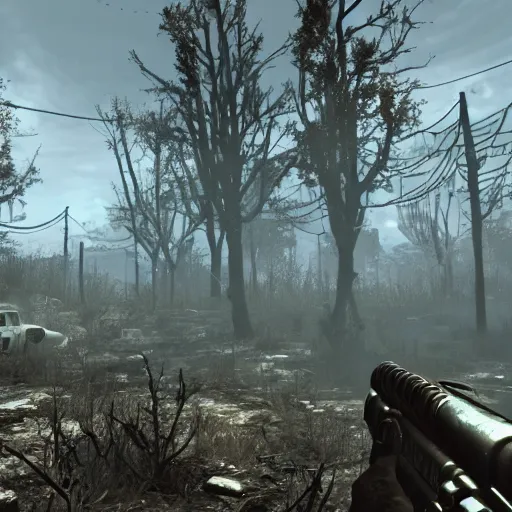 Image similar to Fallout 4 gameplay screenshot, wasteland, Slender Man in the background