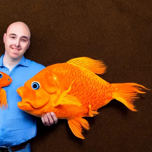 Image similar to gigantic goldfish cracker next to a man that is three times smaller than the cracker, 8 k, 4 k, professional photography, award winning photograph