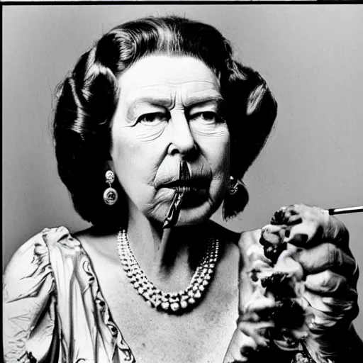 Prompt: Queen Elizabeth as Bob Marly smoking weed