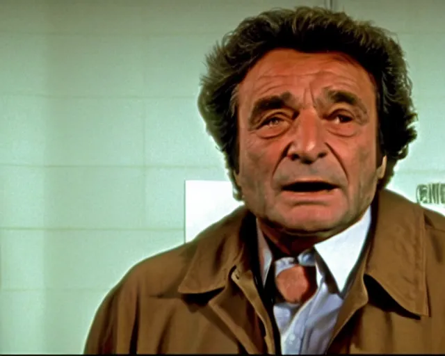 Image similar to peter falk as columbo interrogating missingno from pokemon, still shot