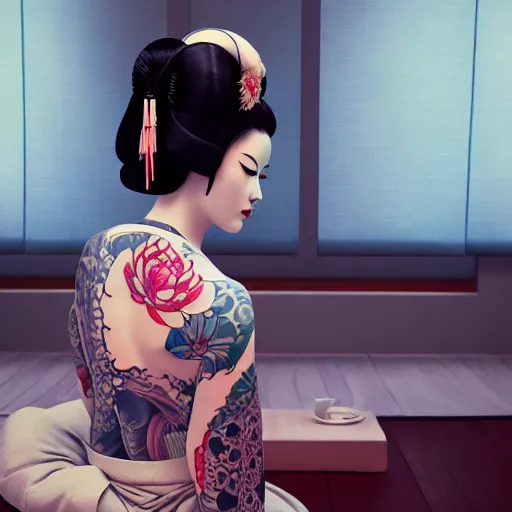 Image similar to an android geisha in a lotus position wearing a flowing kimono and tattoos, octane render, unreal engine, 8 k, cinematic, artwork by ilya kuvshinov