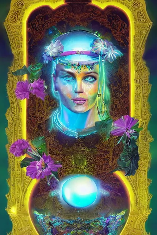 Prompt: opalescent retrofuturistic digital airbrush illustration of an explorer wearing an ornate gpu headpiece and holding a flower with a map of the collective subconscious in the background by luigi patrignani