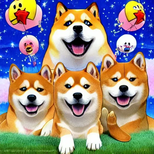 Image similar to shiba inu dogs singing happy birthday, Nintendo game art, Hayao Miyazaki, intricate detail, illustration, beautiful lighting,