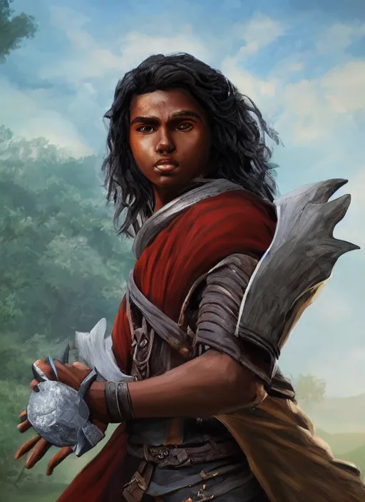 Image similar to An epic fantasy comic book style portrait painting of a young dark skinned long haired boy in peasant clothes with intelligent eyes in the style of the wheel of time, unreal 5, DAZ, hyperrealistic, octane render, cosplay, RPG portrait, dynamic lighting