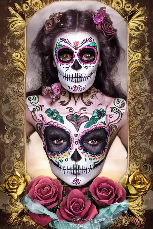 Prompt: Illustration of a sugar skull day of the dead girl, art by Peter Kemp