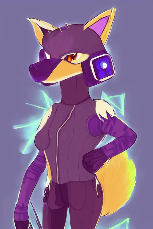 Image similar to a cute cyberpunk anthropomorphic fox with purple fur and yellow eyes and a fluffy tail, comic art, trending on furaffinity, cartoon, kawaii, backlighting, furry art!!!, cel shading, concept art, lineless