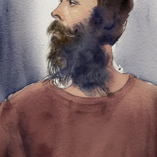 Image similar to watercolor painting of a man with a beard smoking a cigarette, he is wearing a brown sweater, dark style, dramatic lighting