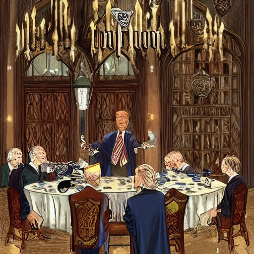 Image similar to trump as professor dumbledore giving a speech in the dining room in hogwarts, detailed, intricate, digital art