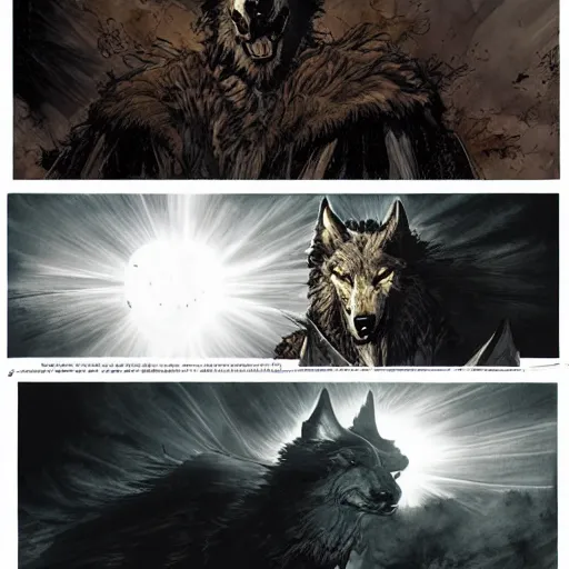 Image similar to king of the wolves. By Travis Charest, James Gurney, and Ashley Wood. dramatic lighting. Magic the gathering. digital painting.