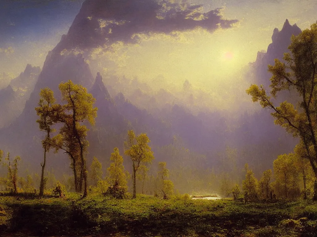 Image similar to a beautiful landscape painting by alfred bierstadt, trending on arstation