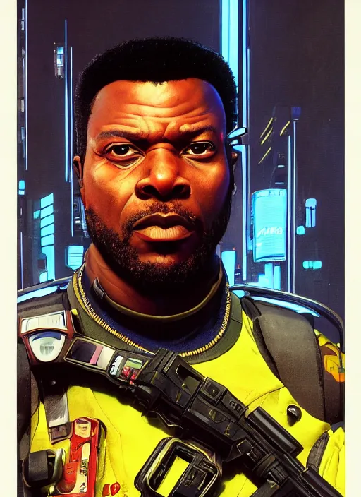 Prompt: chidi igwe. cyberpunk police officer in tactical harness and jumpsuit. portrait by stonehouse and mœbius and will eisner and gil elvgren and pixar. realistic proportions. dystopian. cyberpunk 2 0 7 7, apex, blade runner 2 0 4 9 concept art. cel shading. attractive face. thick lines.