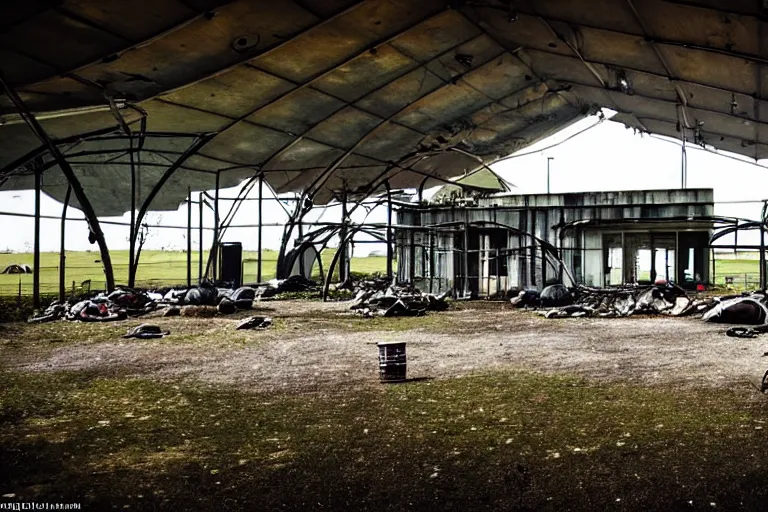 Image similar to post apocalyptic over grown leisure centre being used as shelter, night time, barrel fires and tents