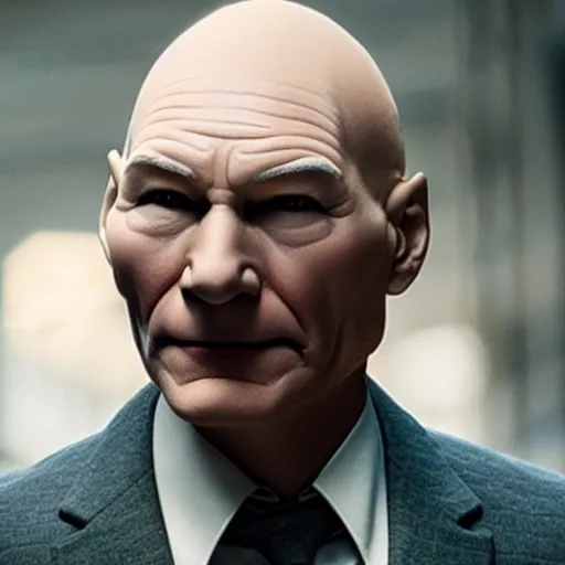 Image similar to still of Patrick Stewart, bald, as joker in new joker film