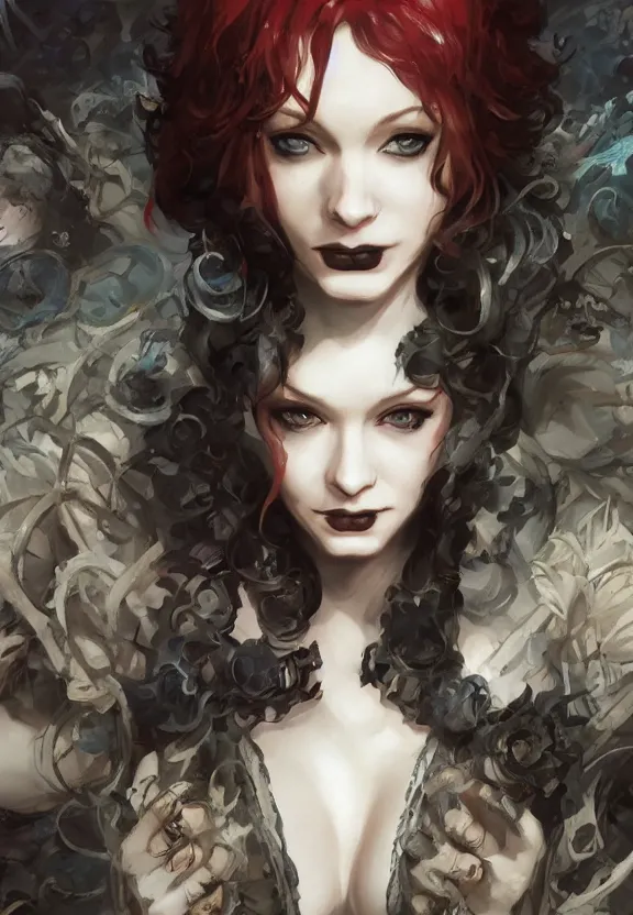 Image similar to christina hendricks!!!!! goth!!!!!, tankoban, 4 k, tone mapping, akihiko yoshida, james jean andrei riabovitchev marc simonetti, yoshitaka amano, long hair, curly, h. hydrochaeri