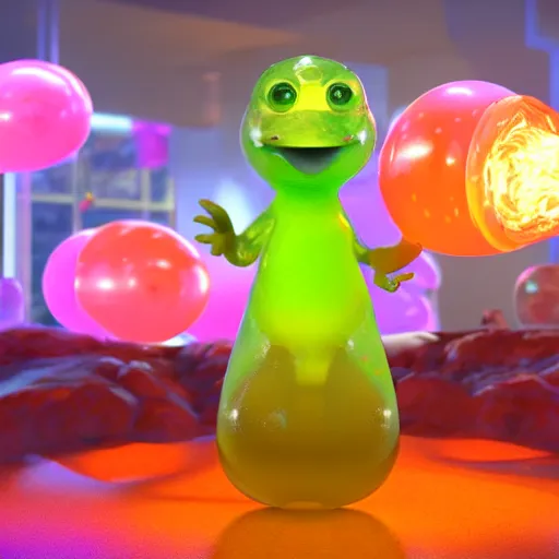 Image similar to single lava lamp, gelatinous cute creature inside, happy, playful, 8 k, even lighting, octane render by pixar