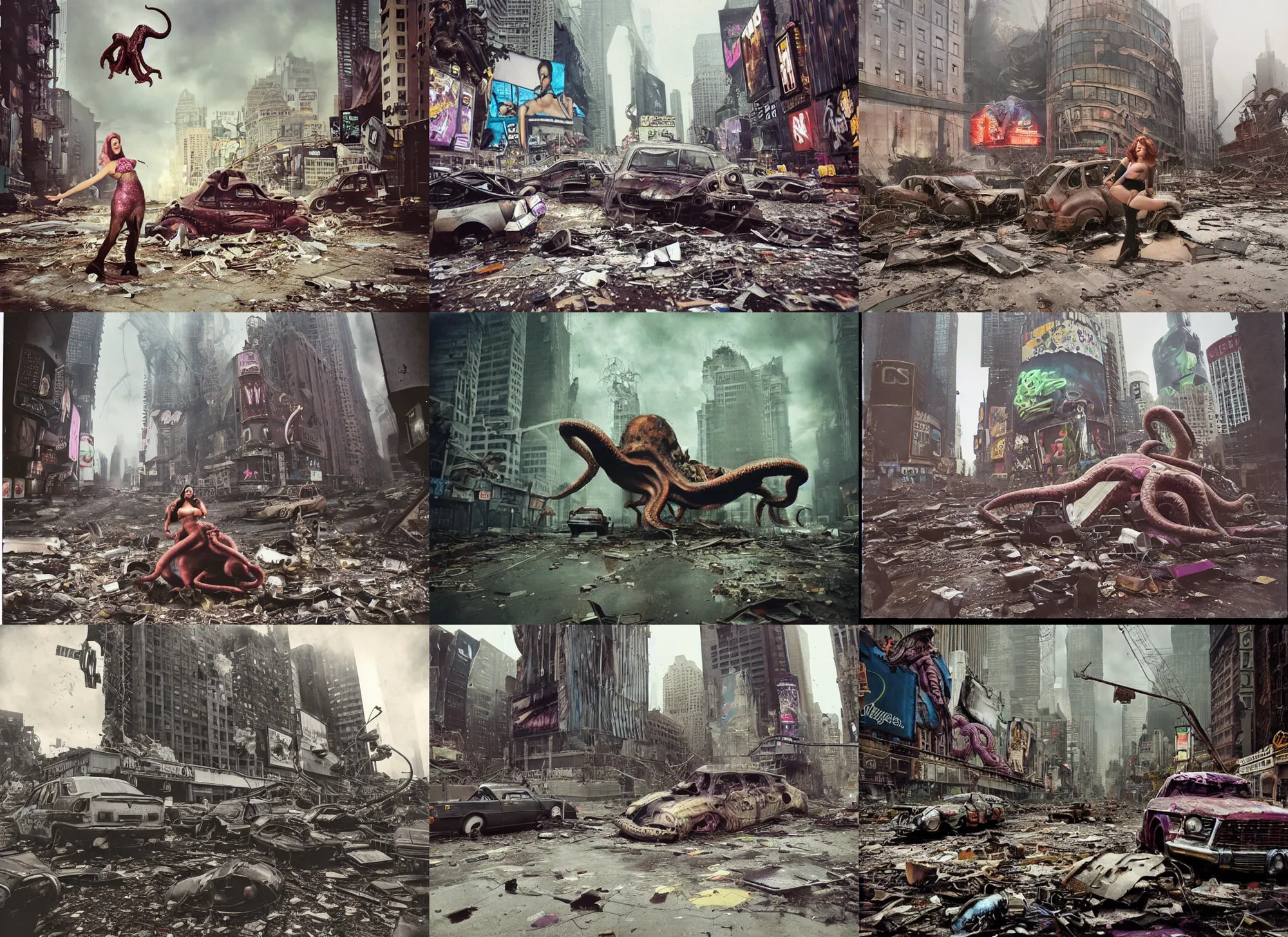 Prompt: giant octopus drag queen fighting barney the dinosaur wearing a steampunk armor, in postapocalyptic abandoned destroyed times square, wrecked buildings, destroyed flipped wrecked cars, underwater polaroid photo, vintage, neutral colors, rainy day, color photo by gregory crewdson