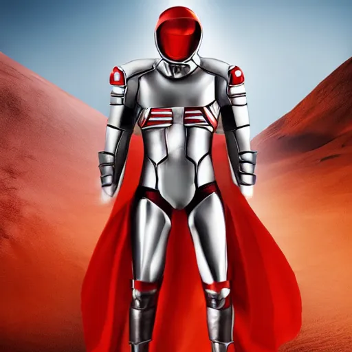 Image similar to tall muscular infantry man in glossy sleek white armor with a few red details and a long red cape, heroic posture, on the surface of mars, night time, dramatic lighting, cinematic, sci-fi, hyperrealistic, movie still