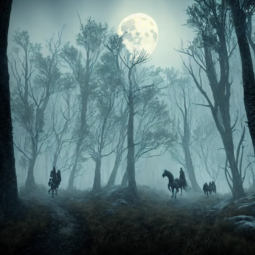 Image similar to the wild hunt, ghost riders, spectral skeletal shadowy creatures, full moon, lurking enchanted woods, blizzard, fog, treacherous road, uneasy atmosphere, cinematic, the witcher, arnold gpu + octane workflow, 8 k, unreal 5, realistic, intricate digital art, volumetric lighting, trending artstation, dark fantasy