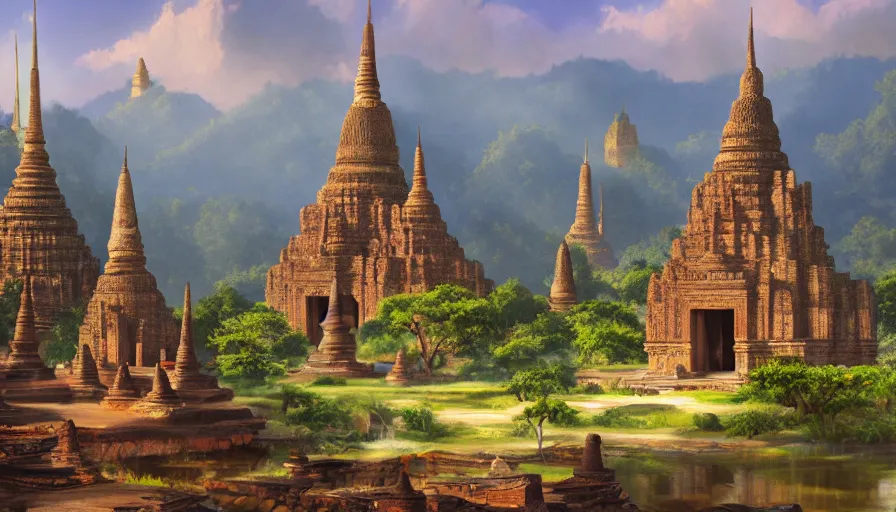 Image similar to ! dream matte painting of beautiful landscape of sukhothai, digital art trending on artstation, elegant, loin cloth, highly detailed, oil painting, artstation, concept art, matte, sharp focus, illustration, hearthstone, art by earl norem