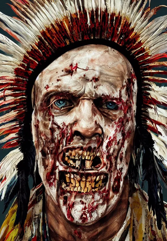 Prompt: close up portrait of zombie Pope Francis wearing a Native American Indian Feathered Headdress War Bonnet, dead redemption, by Julie Mehretu