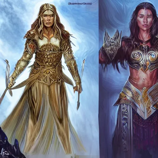 Prompt: evangeline Lilly as a priestess calling down thunder, symmetrical, smooth, sharp focus, art by magali villeneuve and art germ, concept art, very high quality, detailed face