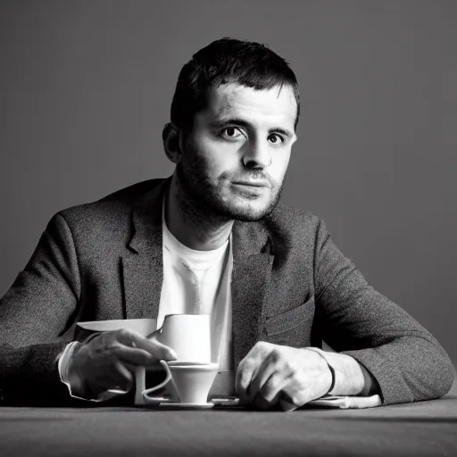 Image similar to portrait of a 3 0 years old frenchman in 2 0 2 0 seated at a table. award winning photography, 5 0 mm, studio lighting, black and white, contrasted.