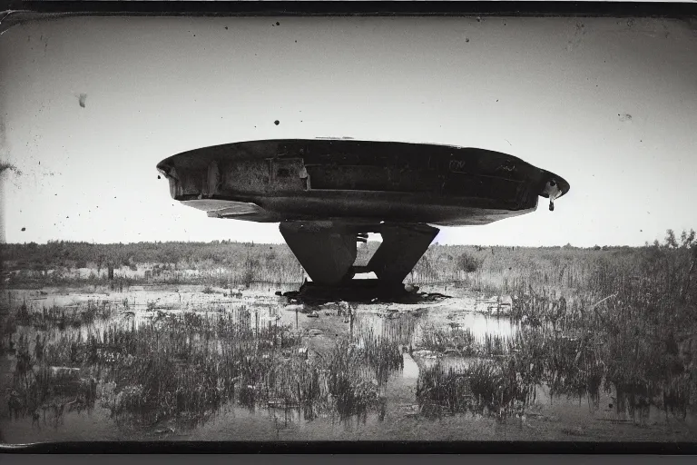 Image similar to old polaroid of a rusted ufo landed on a swamp, black and white, wide angle