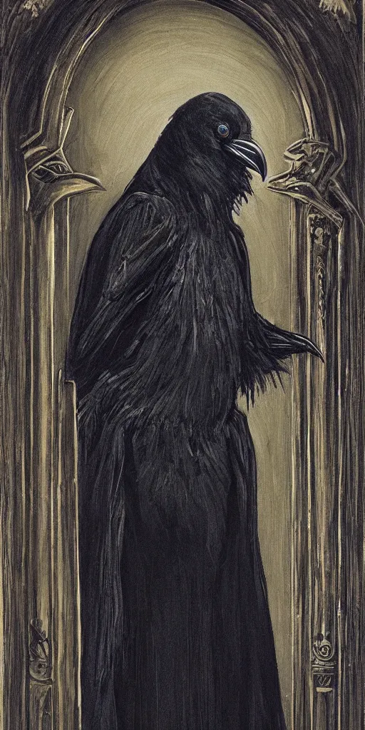 Image similar to portrait of a raven in a vantablack cloak and holding a symbolic weapon. portrait hung up in a windows 9 8 castle. r / oldschoolfantasy