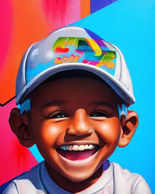 Image similar to graffiti, smiling kid, shards of time, illustration, highly detailed, simple, no jagged lines, smooth, artstation, artwork by obey