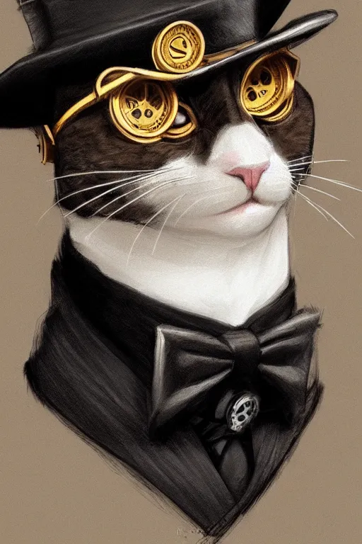 Prompt: a portrait of a cat with steampunk hat, wearing black suit, by Ross Tran, concept art, 4k, artstation, cel-shaded