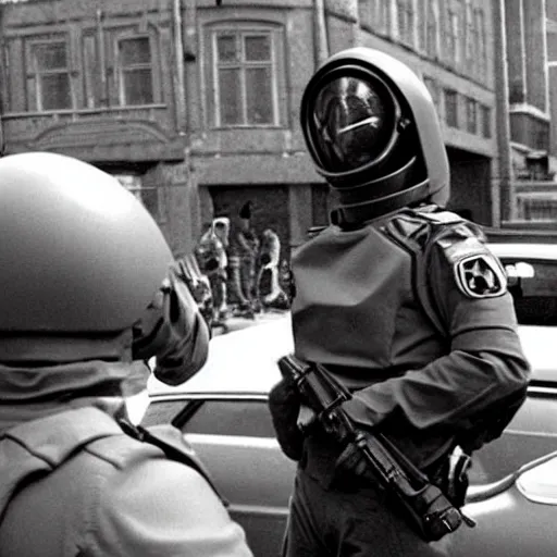 Image similar to extraterrestrial zeta reticulan grey alien, being arrested by spetsnaz