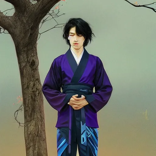 Image similar to teenager boy with straight indigo hair, purple eyes with red eye markers, slim body, wearing a detailed japanese kimono. modern, realistic, looking at the camera, enjoying life!!! elegant, highly detailed, digital painting, artstation, concept art, matte, sharp focus, illustration, art by artgerm and greg rutkowski and alphonse mucha