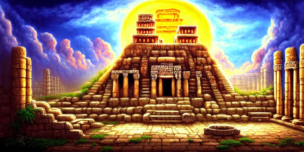 Image similar to illusion painting hidden temple in the clouds : an adorable small fox in the huge ruins of the second temple in jerusalem. a new temple hovers quietly hiding in the dreamy clouds above. a hooded bearded old man in a brown tunic laughing, colorful 8 k, art station, intricate superb details, digital art, illusion painting hidden image.